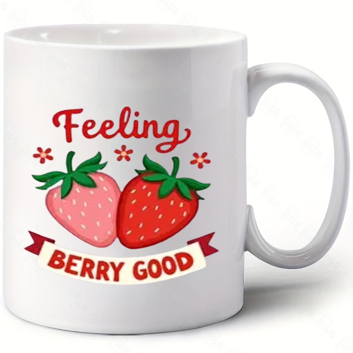 Tailorly White Ceramic 11 oz Mug - Feeling Berry Good Two Cute Sweet Red And Pink Fruit With Small Flowers Strawberry