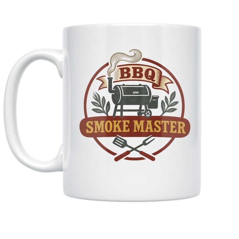 Tailorly White Ceramic 11 oz Mug - Bbq Smoke Master Vintage Style Badge With Outdoor Smoking Grilling Equipment Smoker