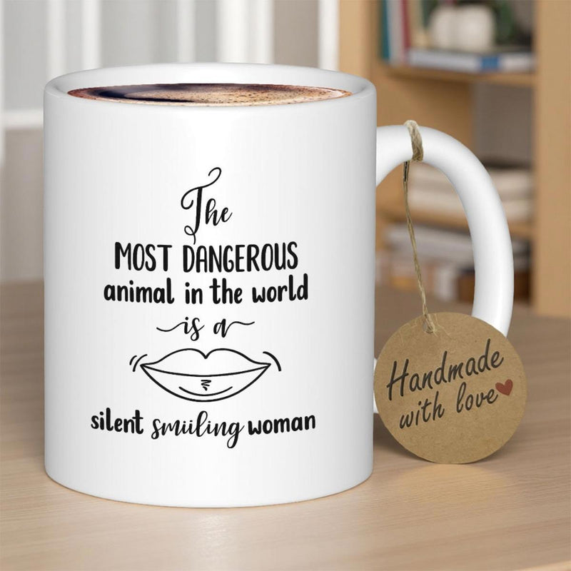 Tailorly White Ceramic 11 oz Mug - The Most Dangerous Animal In The World Is A Silent Smiling Woman Minimalist Black Line Art Featuring A Smiling Feminine Mouth