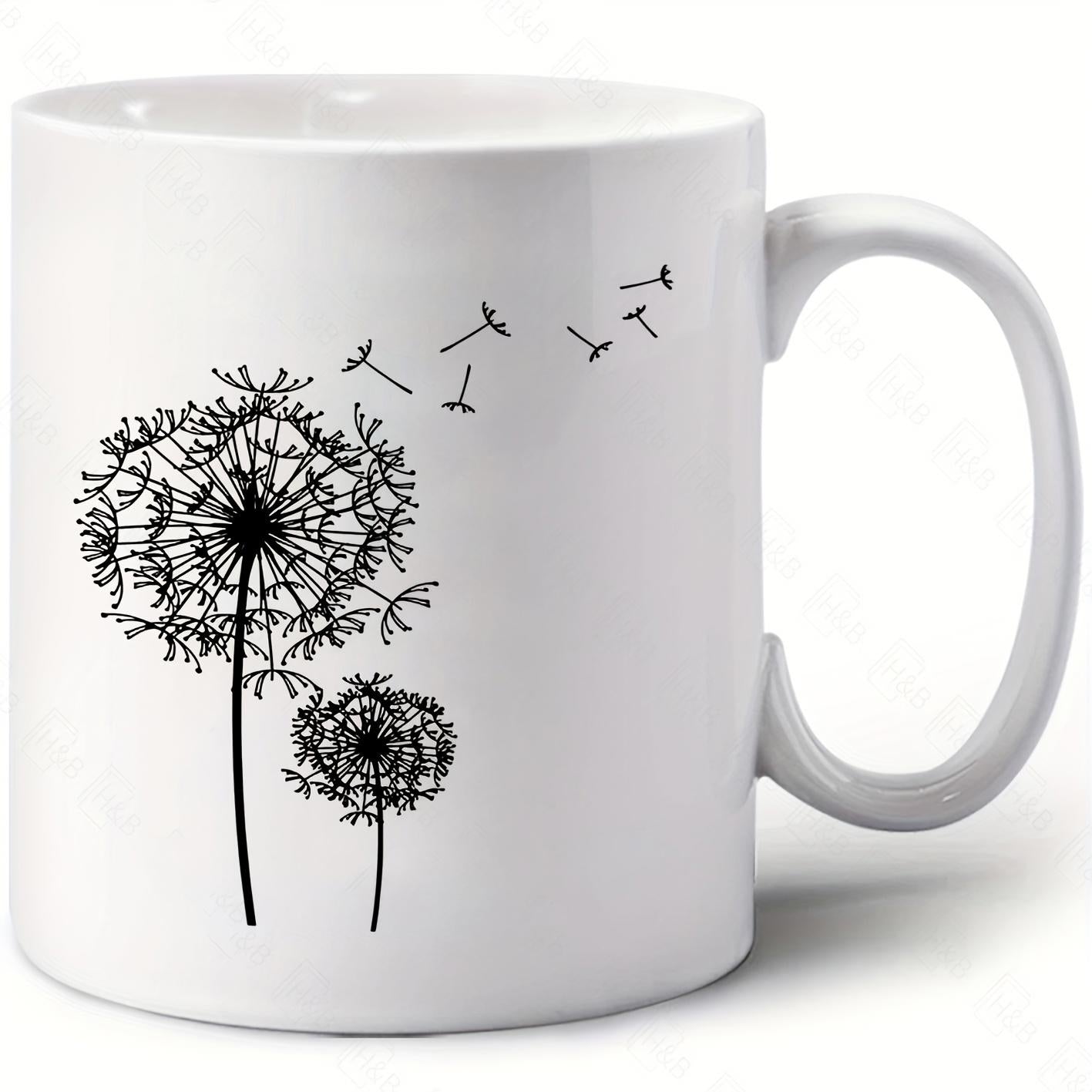Tailorly White Ceramic 11 oz Mug - Delicate Black Seeds Blowing In The Gentle Summer Breeze Silhouette Dandelion