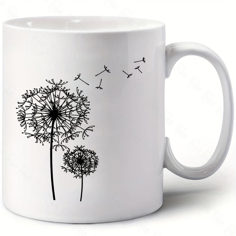 Tailorly White Ceramic 11 oz Mug - Delicate Black Seeds Blowing In The Gentle Summer Breeze Silhouette Dandelion