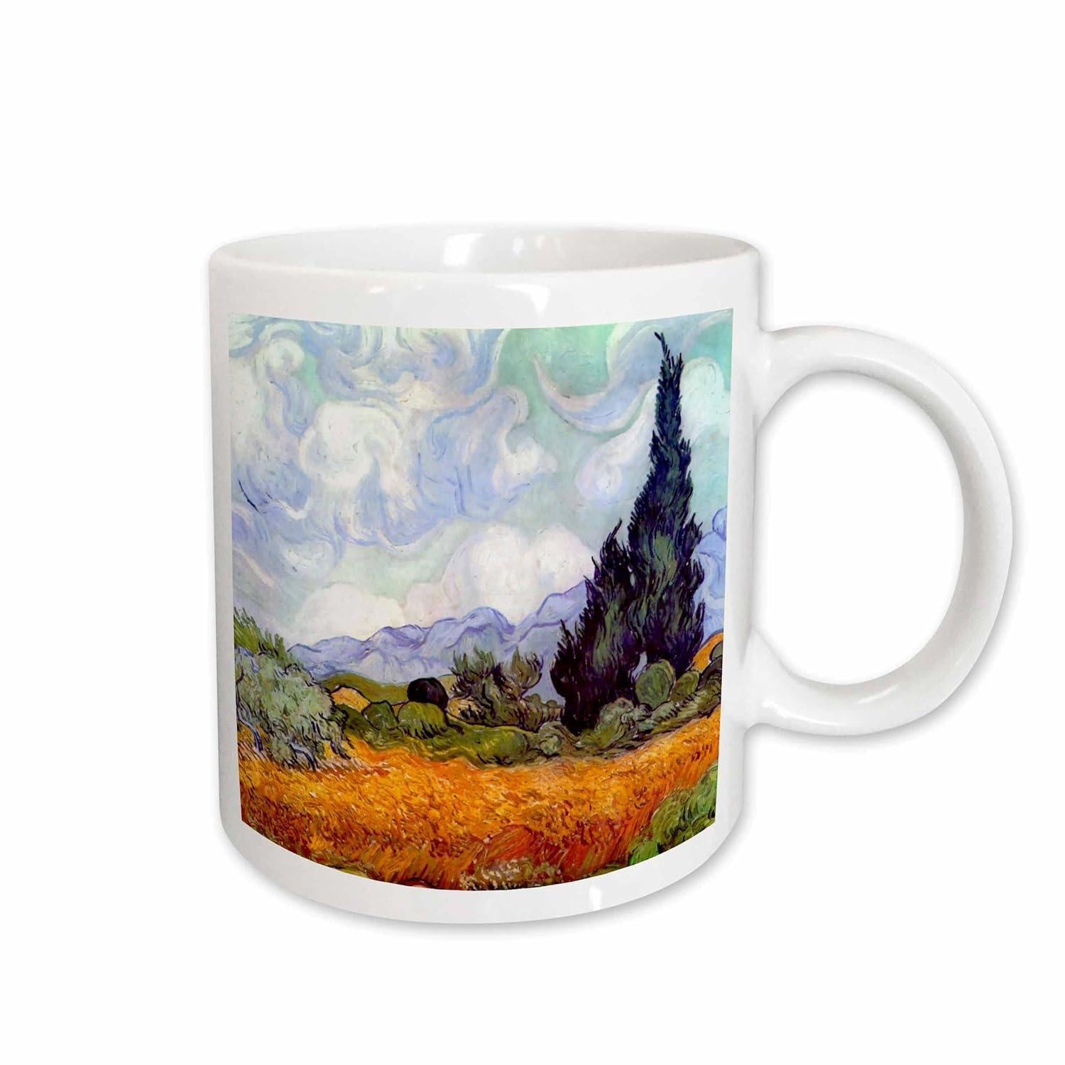 Tailorly White Ceramic 11 oz Mug - Impressionist Oil Painting Style Featuring Swirling Clouds Over Golden Fields With Tall Dark Cypress