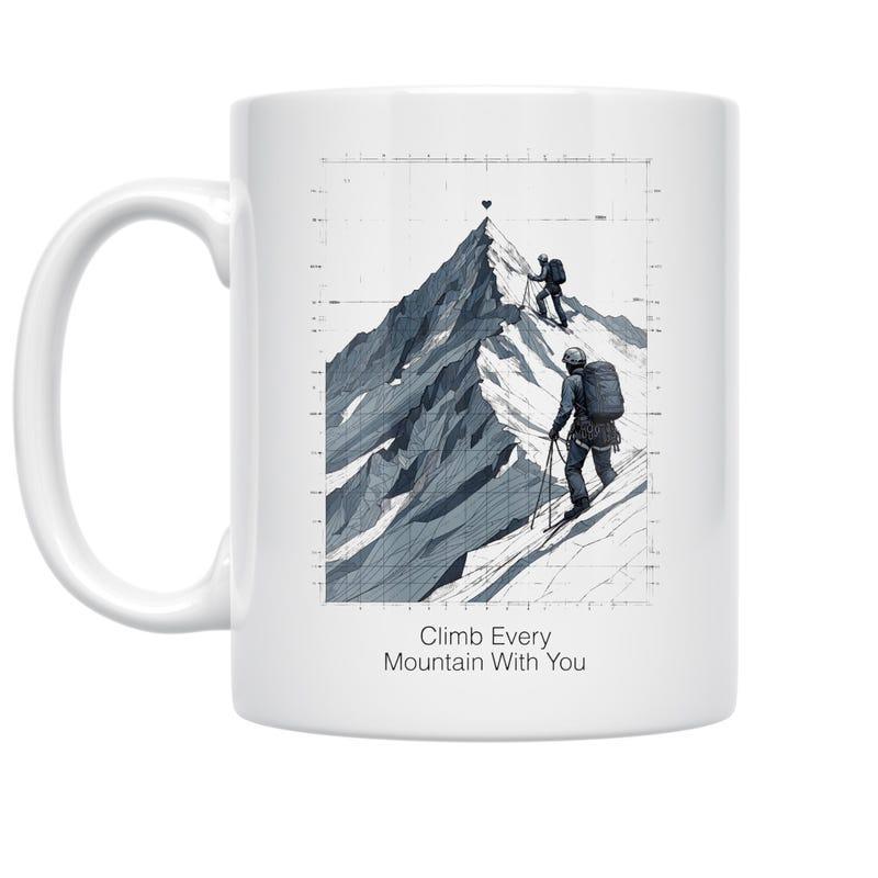 Tailorly White Ceramic 11 oz Mug - Climb Every Mountain With You Brave Mountaineers Scaling A Majestic Snowy Peak Under Clear Sky Mountain