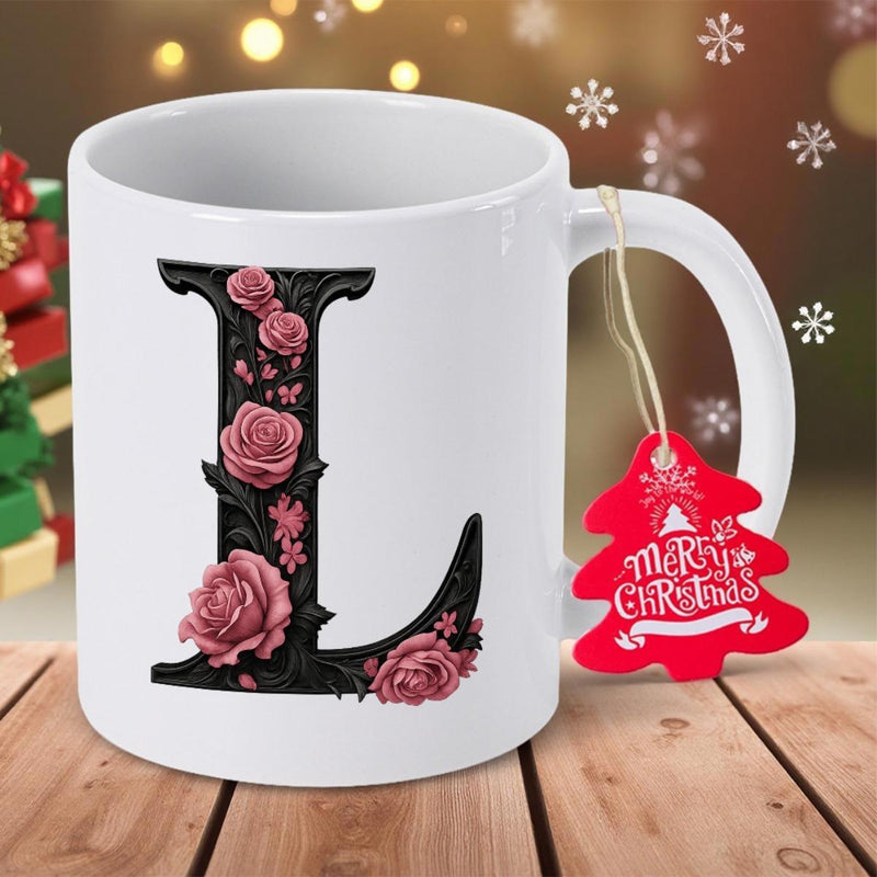 Tailorly White Ceramic 11 oz Mug - Merry Christmas Elegant Black Serif Style With Pink Floral Roses And Delicate Leaves Letter