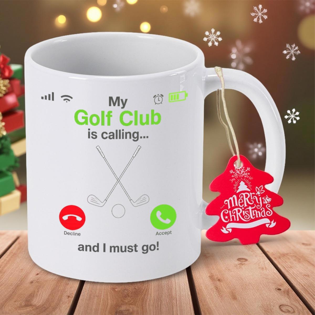Tailorly White Ceramic 11 oz Mug - My Golf Club Is Calling And I Must Go Minimalist Smartphone Interface Displaying Incoming Call With Crossed Clubs And Ball Golf