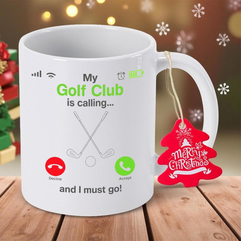 Tailorly White Ceramic 11 oz Mug - My Golf Club Is Calling And I Must Go Minimalist Smartphone Interface Displaying Incoming Call With Crossed Clubs And Ball Golf