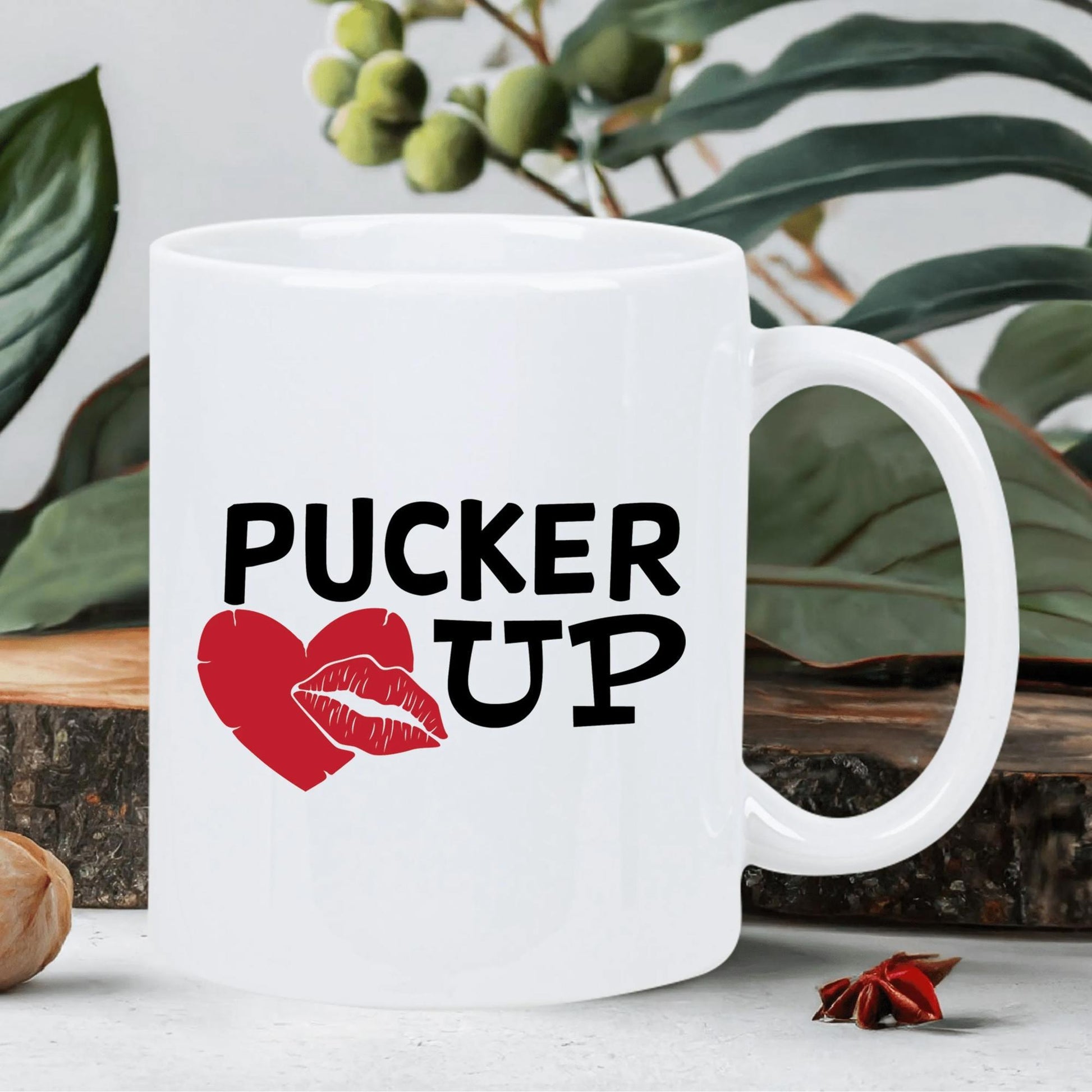 Tailorly White Ceramic 11 oz Mug - Pucker Up Bold Black Lettering With Distressed Red Heart And Stylized Kiss Lip Marks Mug
