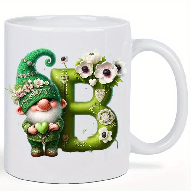 Tailorly White Ceramic 11 oz Mug - B Charming Green Garden Gnome Standing Next To Floral Decorated Letter Gnome