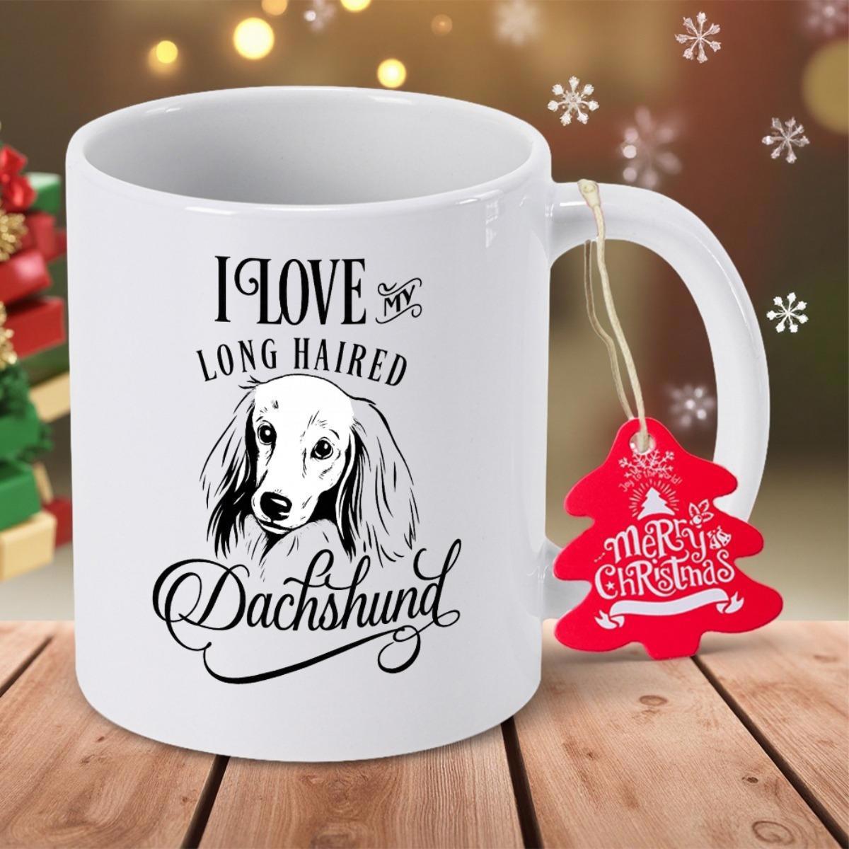 Tailorly White Ceramic 11 oz Mug - I Love Long Haired Dachshund Hand Drawn Detailed Sketch Of A Charming Long Haired Breed Dog Dachshund