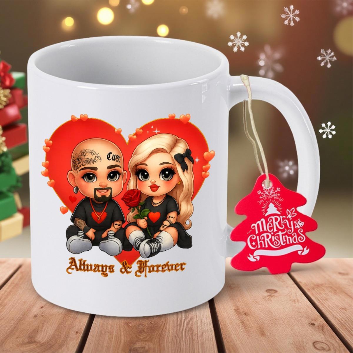 Tailorly White Ceramic 11 oz Mug - Always Forever Cute Cartoon Characters Seated Within Large Vibrant Red Heart Frame Couple