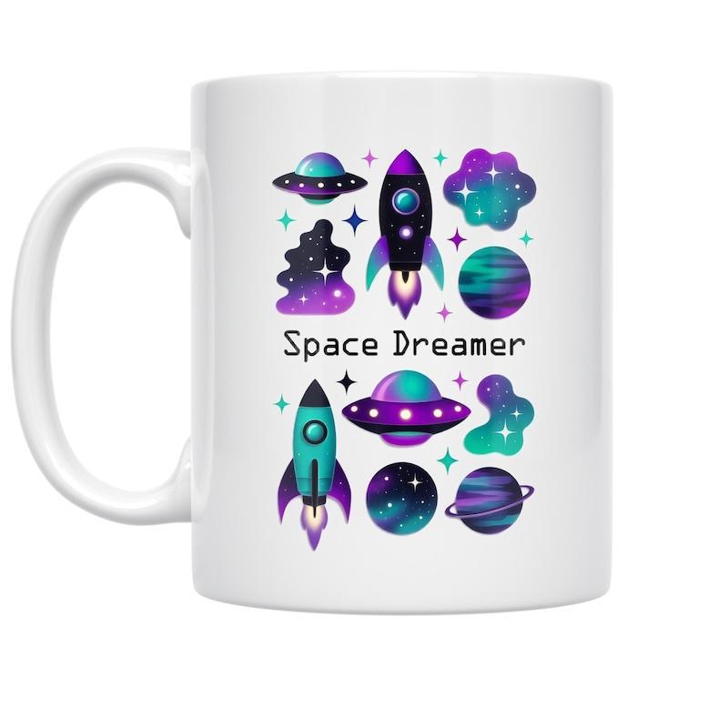 Tailorly White Ceramic 11 oz Mug - Space Dreamer Vibrant Rockets And UFOs Floating Among Stars And Celestial Planets Rocket