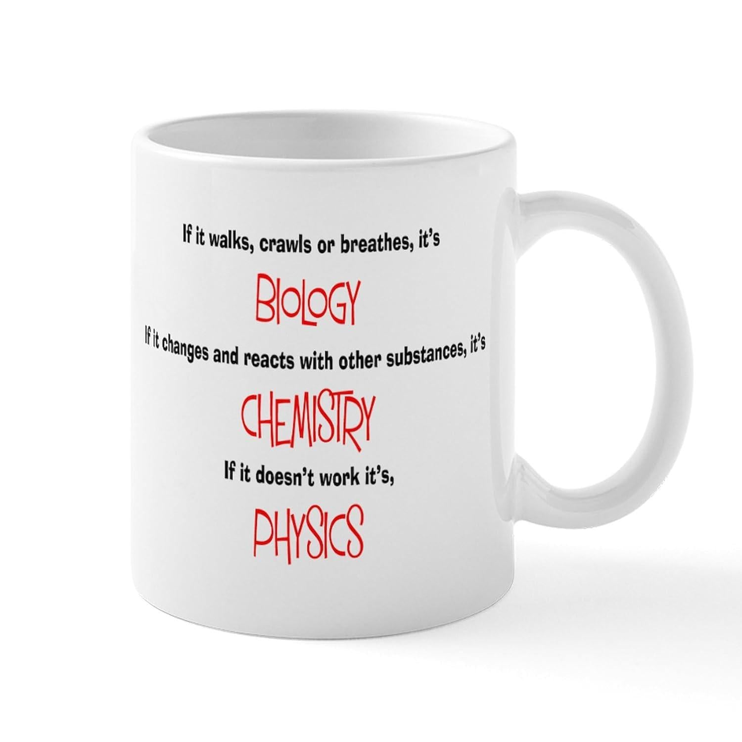 Tailorly White Ceramic 11 oz Mug - Biology Chemistry Physics Minimalist Typography With Bold Red Accents And Educational Science Theme Sign