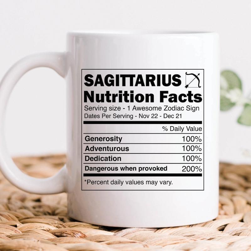Tailorly White Ceramic 11 oz Mug - Sagittarius Nutrition Facts Minimalist Black Label Printed On A Clean
