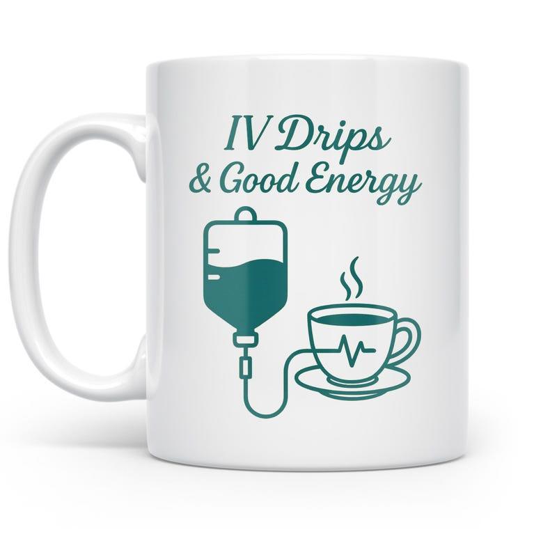 Tailorly White Ceramic 11 oz Mug - IV Drips Good Energy Medical Drip Bag Tube Connected To Steaming Pulse Line Heartbeat Mug