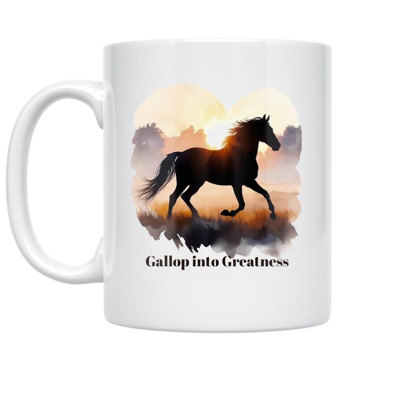 Tailorly White Ceramic 11 oz Mug - Gallop Into Greatness Majestic Silhouette Running Through A Vibrant Golden Watercolor Sunset Horse