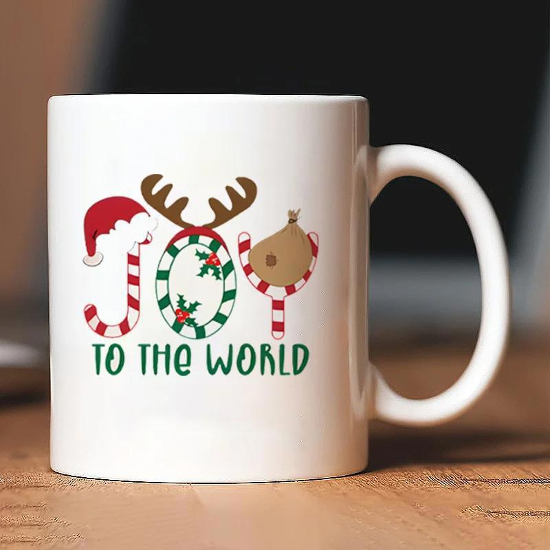 Tailorly White Ceramic 11 oz Mug - Joy To The World Festive Holiday Symbols Including Antlers And Santa Hat Spreading Seasonal Cheer Mug