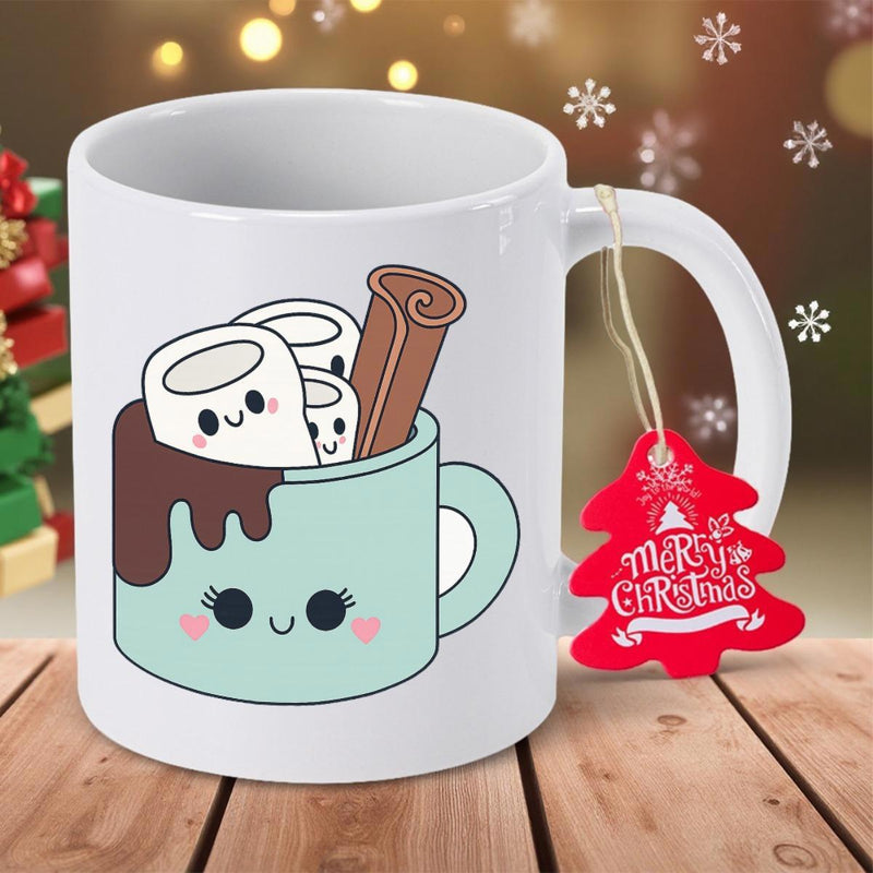 Tailorly White Ceramic 11 oz Mug - Merry Christmas Adorable Kawaii Teal Cup Featuring Smiling Marshmallows And Cinnamon Cocoa Mug
