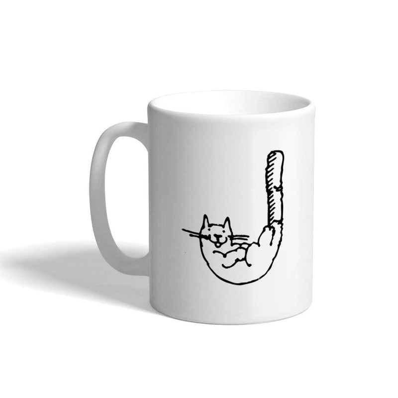 Tailorly White Ceramic 11 oz Mug - Simple Minimalist Black Ink Drawing Featuring A Whimsical Relaxing Cat