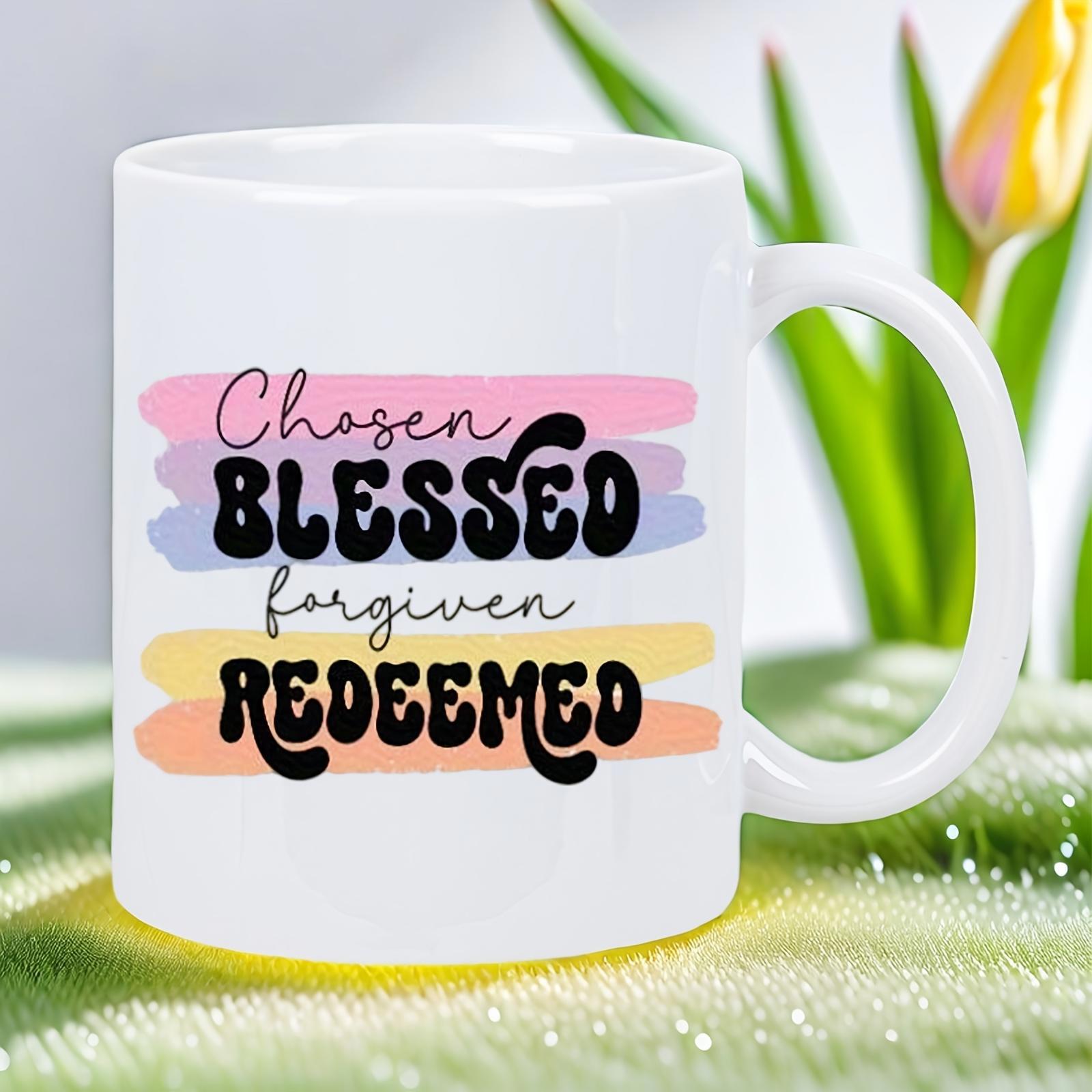 Tailorly White Ceramic 11 oz Mug - Chosen Blessed Forgiven Redeemed Soft Colorful Pastel Brush Strokes Behind Bold Retro Script Typography Sign