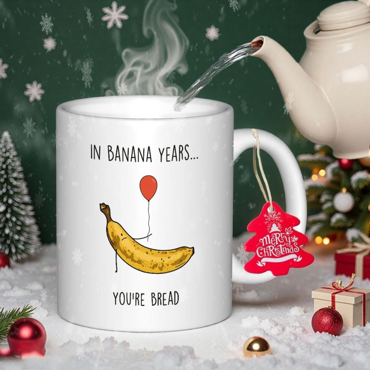 Tailorly White Ceramic 11 oz Mug - In Banana Years Youre Bread Humorous Yellow Cartoon Illustration Holding A Bright Floating Red Balloon Banana