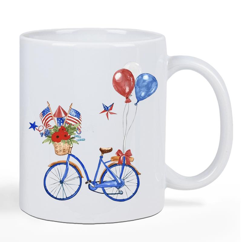Tailorly White Ceramic 11 oz Mug - Vintage Blue Frame With Patriotic Flags And Colorful Floating Balloons Bicycle