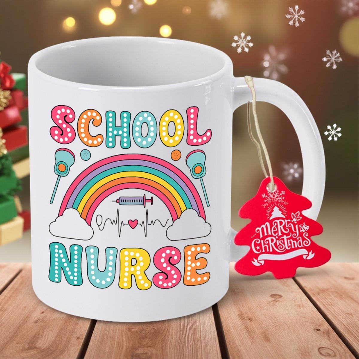 Tailorly White Ceramic 11 oz Mug - School Nurse Colorful Vibrant Design Between Soft White Clouds Featuring Heartbeat Rainbow