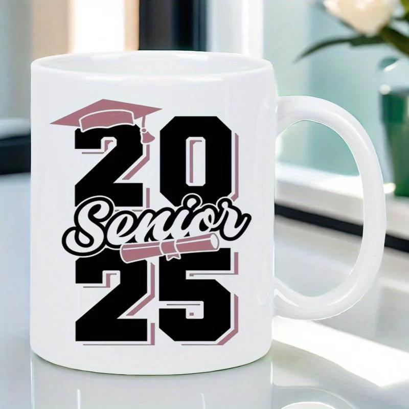 Tailorly White Ceramic 11 oz Mug - Senior 2025 Graduation Cap And Rolled Diploma Over Large Block Styled Numbers Mug