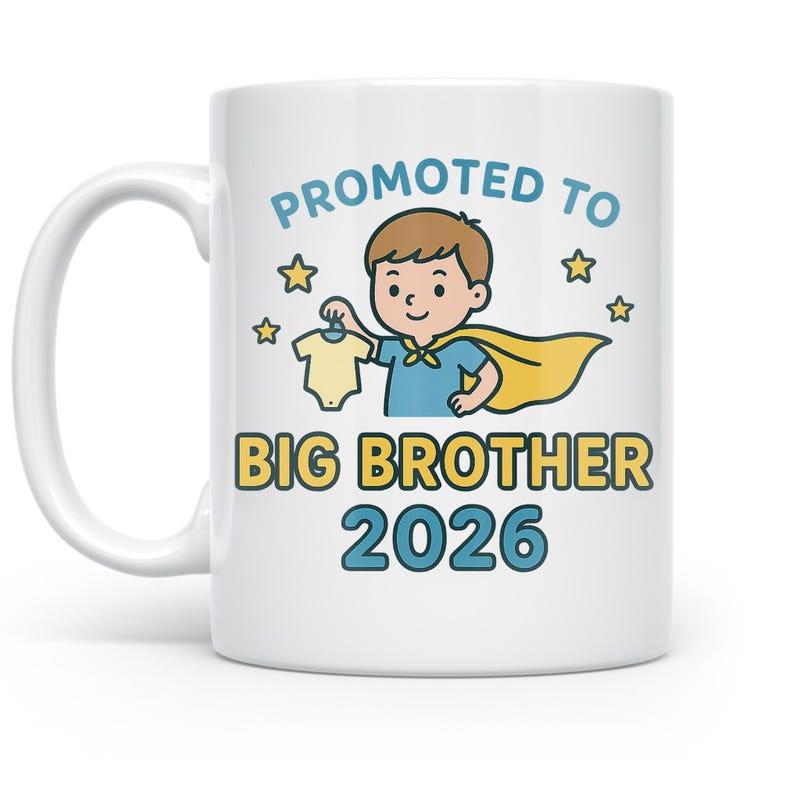 Tailorly White Ceramic 11 oz Mug - Promoted To Big Brother 2026 Cute Cartoon Kid Wearing Superhero Cape Holding Baby Onesie Boy