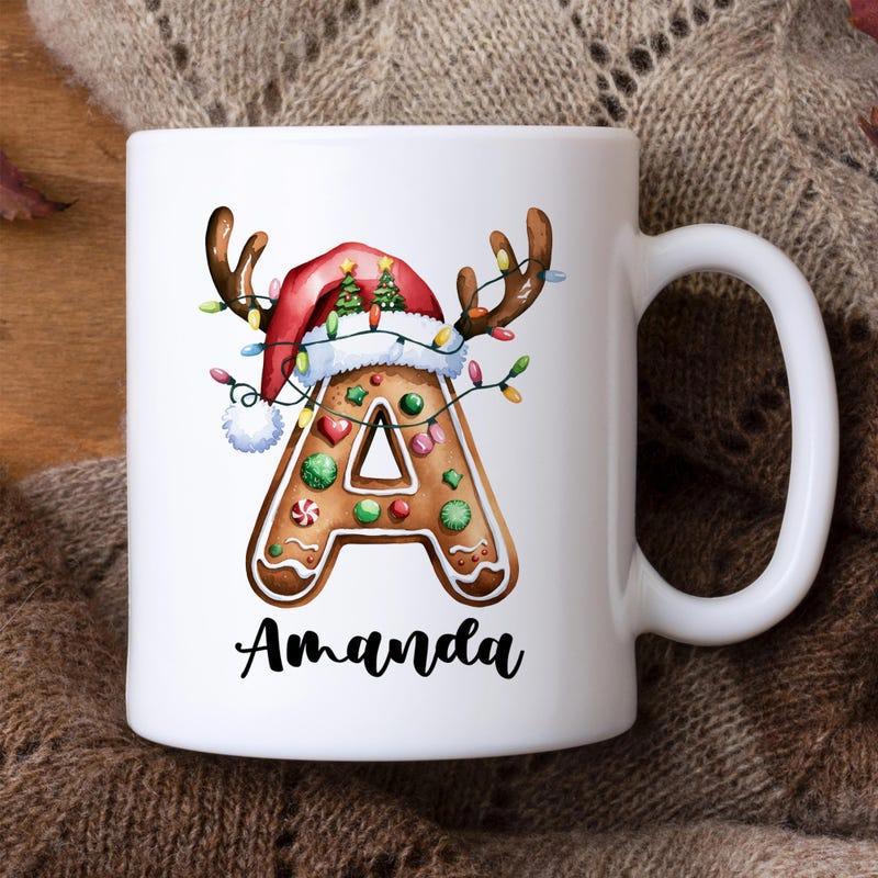 Tailorly White Ceramic 11 oz Mug - Amanda Festive Holiday Letter Adorned With Reindeer Antlers And Twinkling Lights Gingerbread