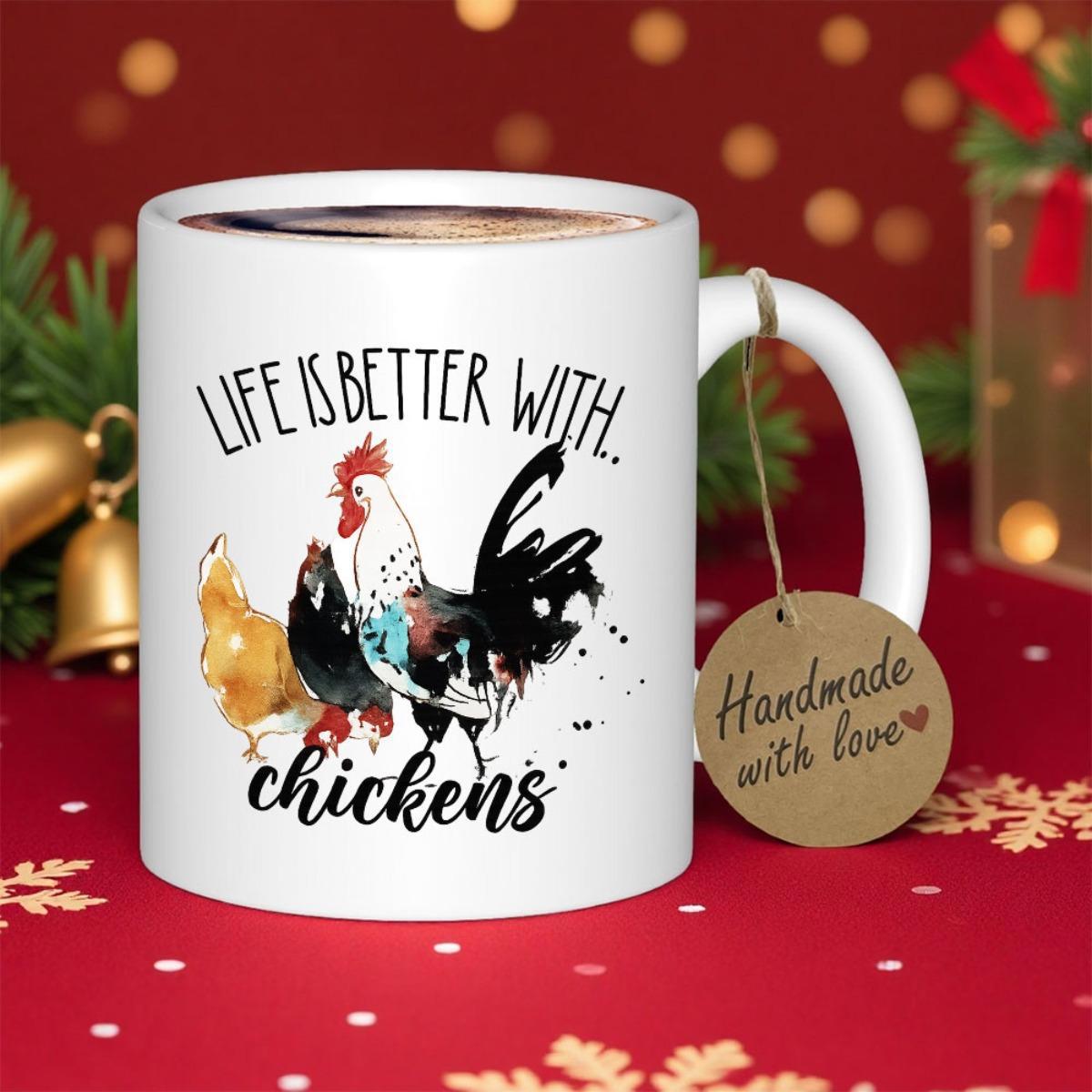 Tailorly White Ceramic 11 oz Mug - Life Is Better With Chickens Colorful Hand Painted Farm Birds Standing Together In Countryside Style Chicken