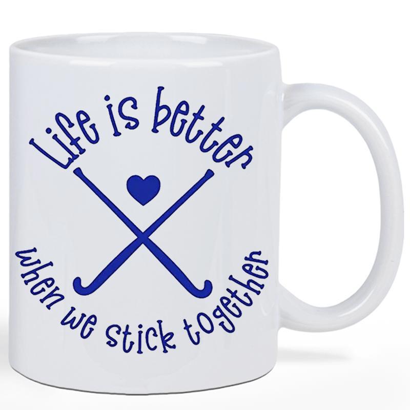 Tailorly White Ceramic 11 oz Mug - Life Is Better When We Stick Together Two Crossed Field Hockey Sticks With A Small Blue Heart Sticks