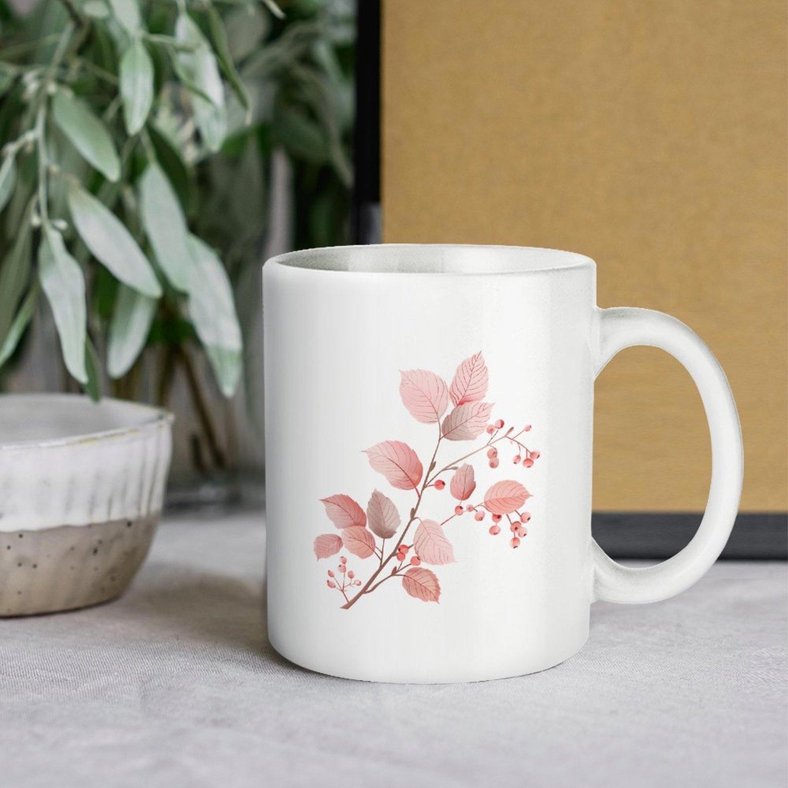 Tailorly White Ceramic 11 oz Mug - Elegant Pink Watercolor Leaves With Berries On A Delicate Branch