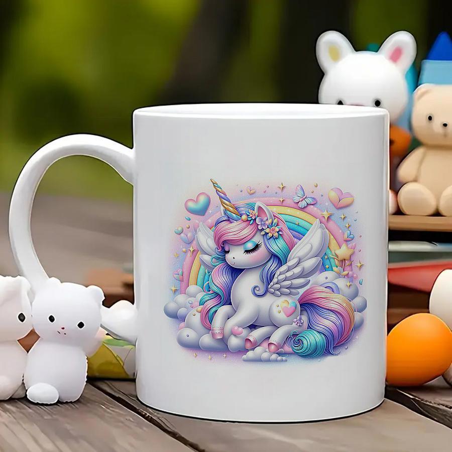 Tailorly White Ceramic 11 oz Mug - Majestic Winged Creature Resting Among Soft Fluffy Clouds And Colorful Rainbows Unicorn
