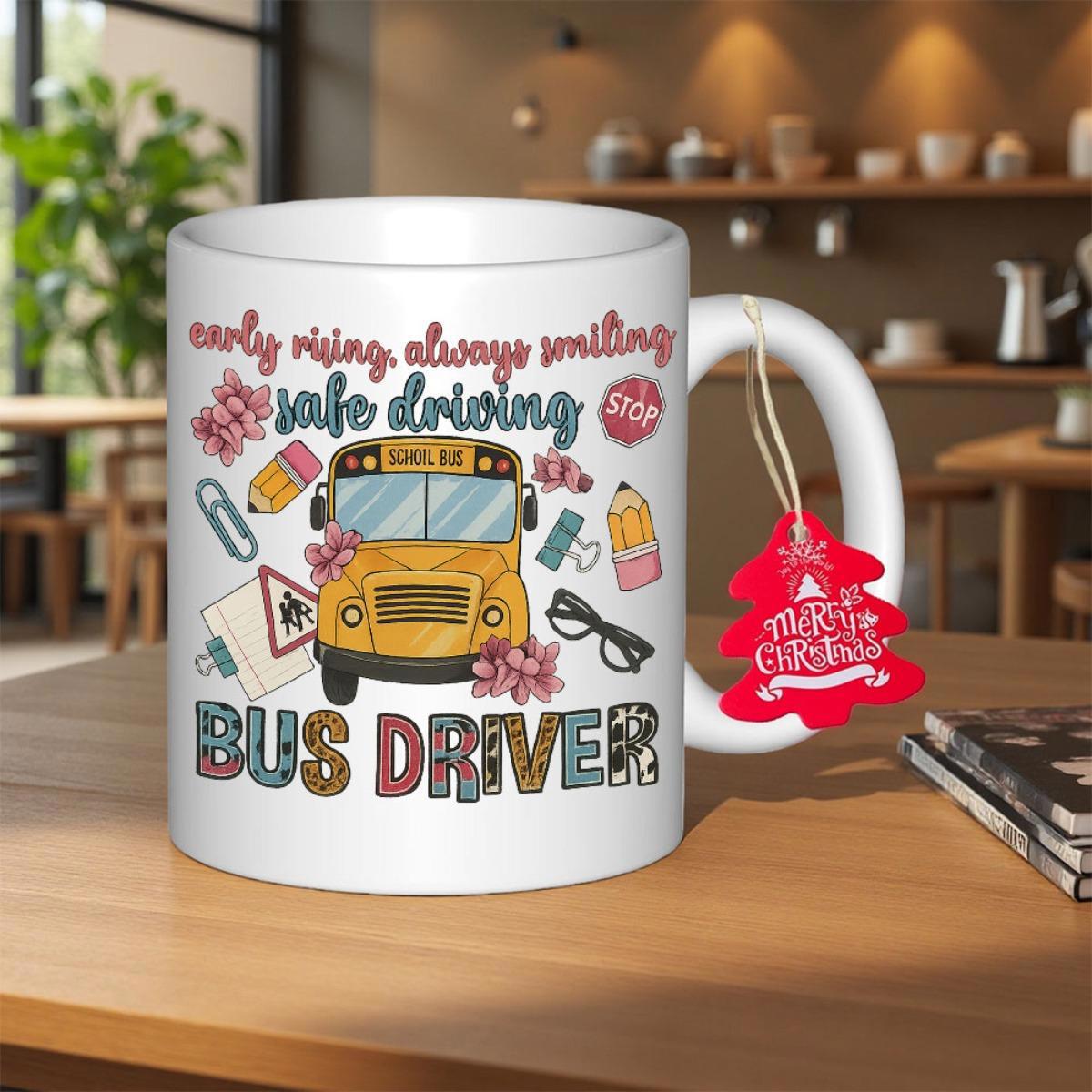 Tailorly White Ceramic 11 oz Mug - Early Rising Always Smiling Safe Driving Bus Driver Colorful School Stationery And Pink Flowers Surrounding A Yellow School Bus