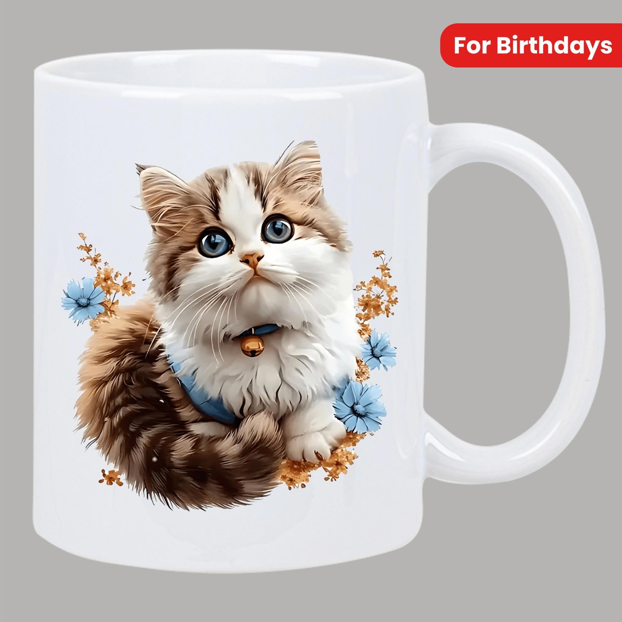 Tailorly White Ceramic 11 oz Mug - For Birthdays Adorable Fluffy Kitten With Blue Eyes Surrounded By Tiny Spring Flowers Cat