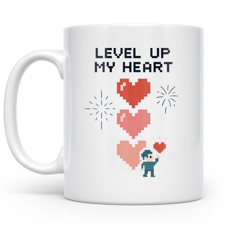 Tailorly White Ceramic 11 oz Mug - Level Up My Heart Retro Gaming Inspired Eight Bit Graphics Featuring Red Pixelated Heart