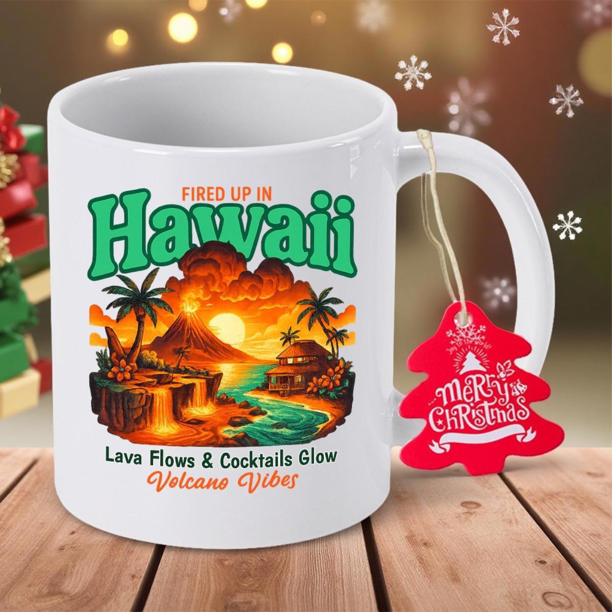Tailorly White Ceramic 11 oz Mug - Hawaii Lava Flows Cocktails Glow Volcano Vibes Tropical Island Scene Under Sunset With Flowing Lava Volcano