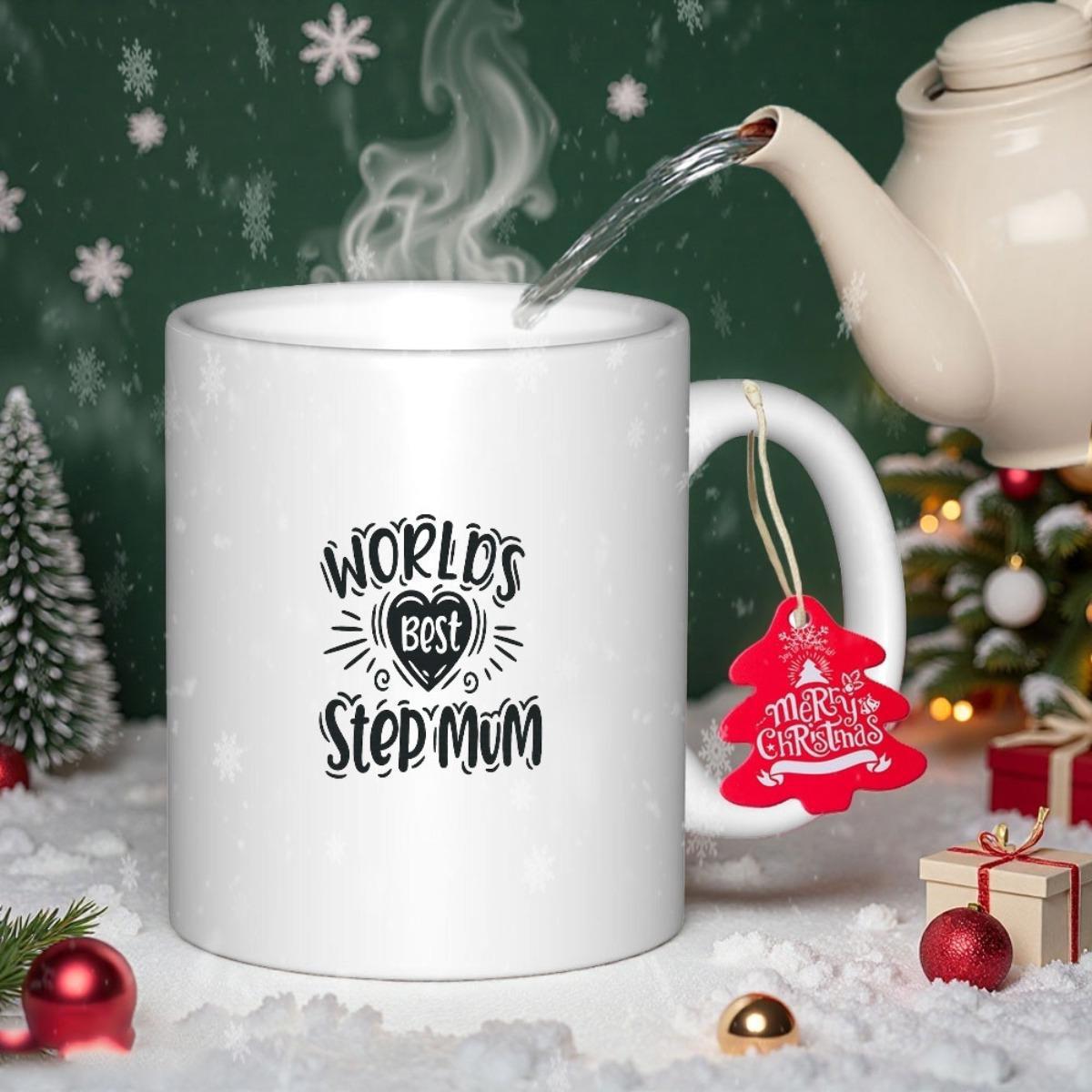 Tailorly White Ceramic 11 oz Mug - World's Best Step Mum Merry Christmas Decorative Heart Icon With Elegant Lines And Artistic Lettering Heart