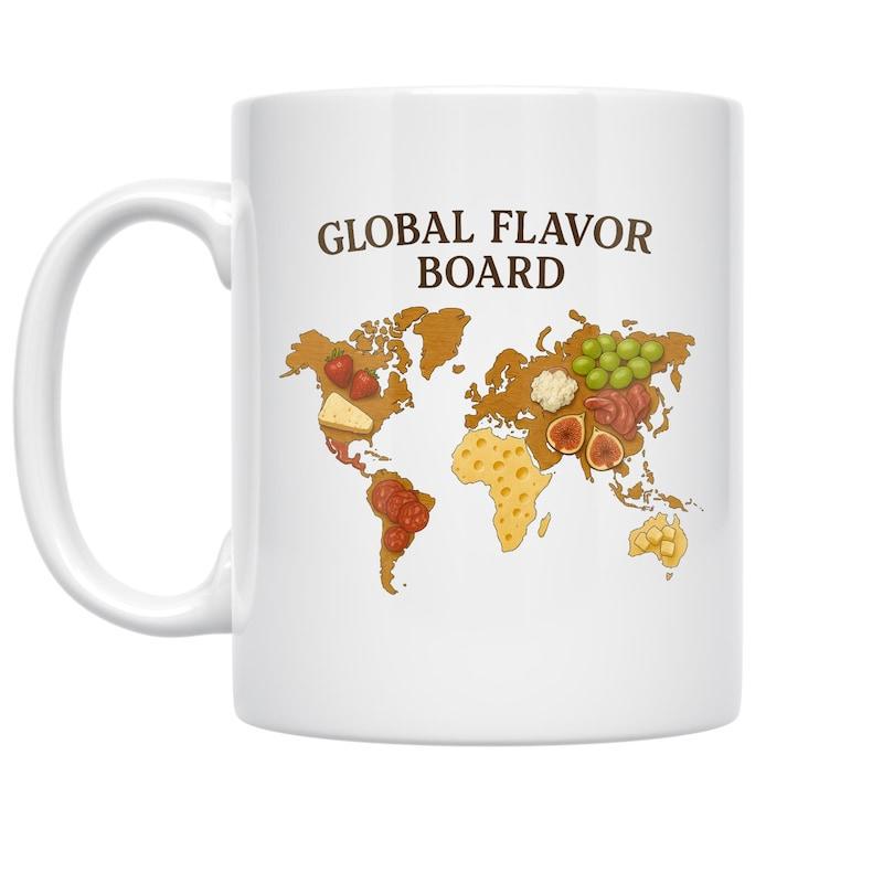 Tailorly White Ceramic 11 oz Mug - Global Flavor Board Textured Earth Continents Depicted With Diverse International Tasty Culinary Food Map