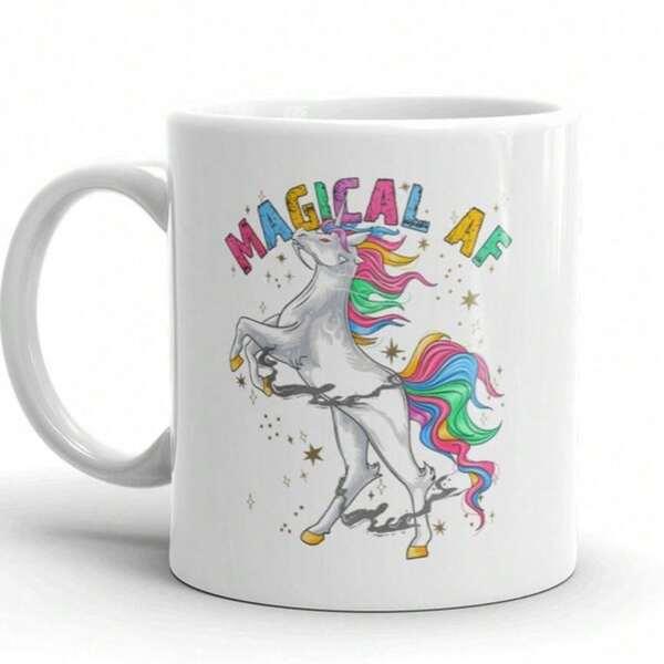 Tailorly White Ceramic 11 oz Mug - Magical AF Graceful Rearing White Horse With Vibrant Rainbow Hair And Stars Unicorn
