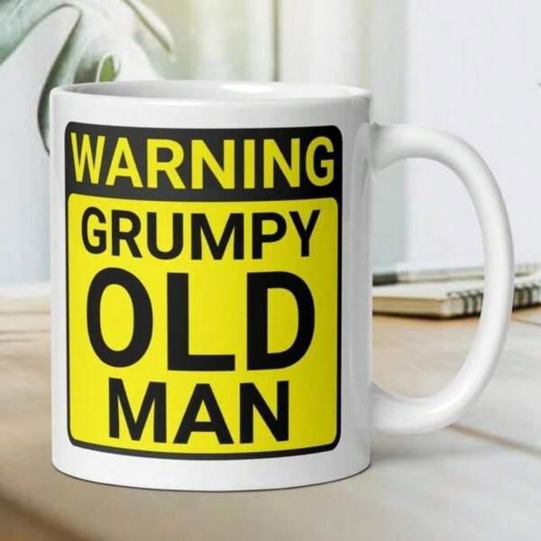 Tailorly White Ceramic 11 oz Mug - Warning Grumpy Old Man Yellow Caution Sign Style With Bold Black Border Block Lettering Mug