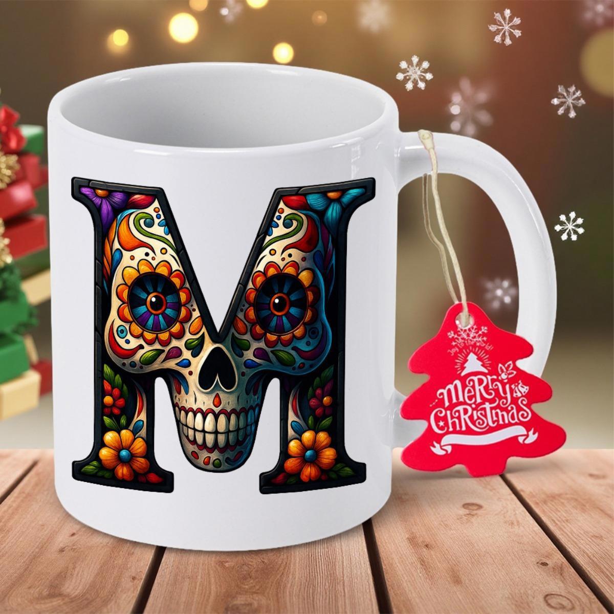 Tailorly White Ceramic 11 oz Mug - M Intricately Detailed Colorful Floral Sugar Skull Art Within Large Bold Letter