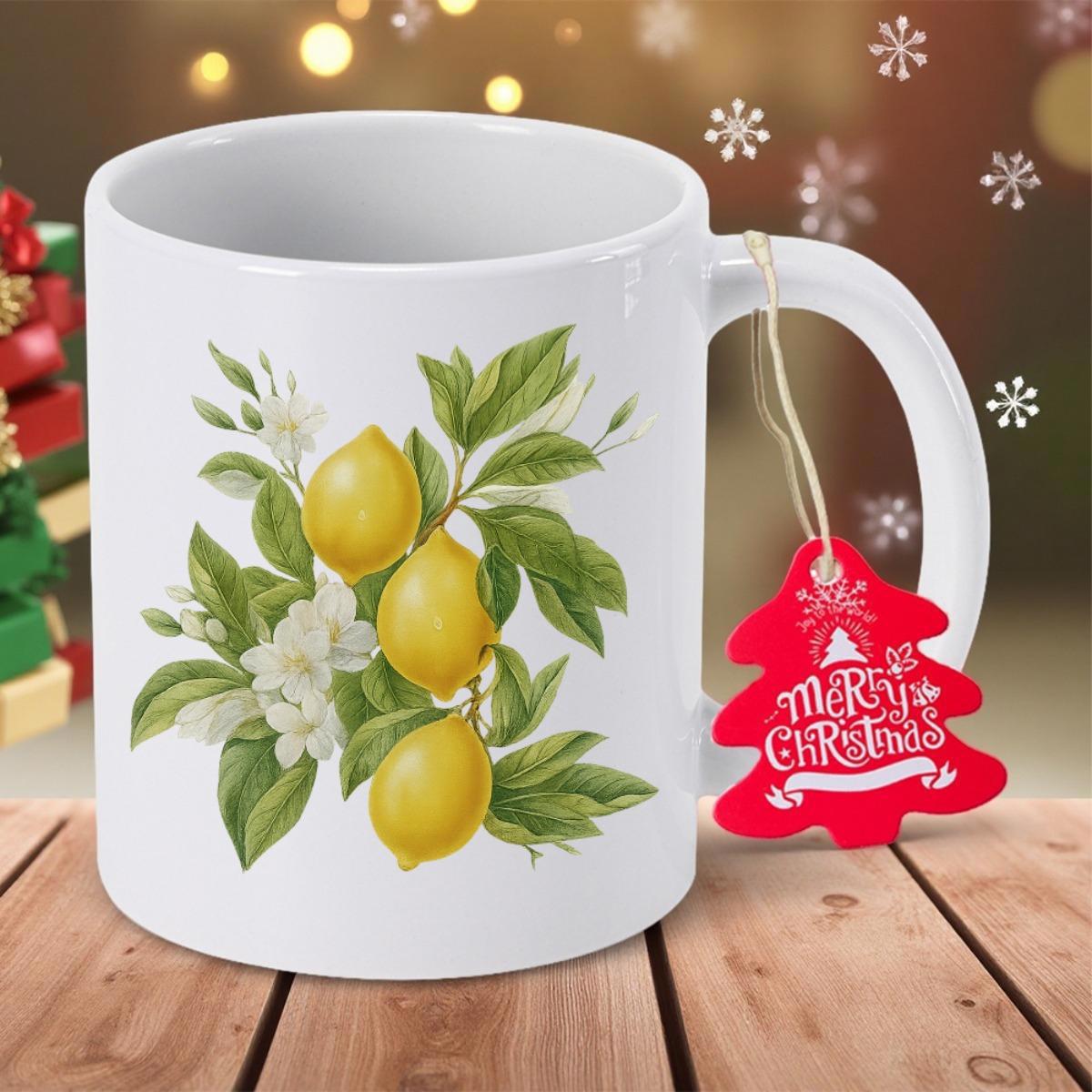 Tailorly White Ceramic 11 oz Mug - Vibrant Yellow Citrus Hanging From Leafy Branch With Delicate White Blossoms Lemon