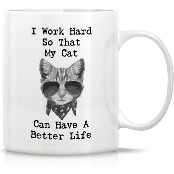 Tailorly White Ceramic 11 oz Mug - I Work Hard So That My Cat Can Have A Better Life Cool Feline Wearing Sunglasses And Bandana Sketch Style Graphic Cat