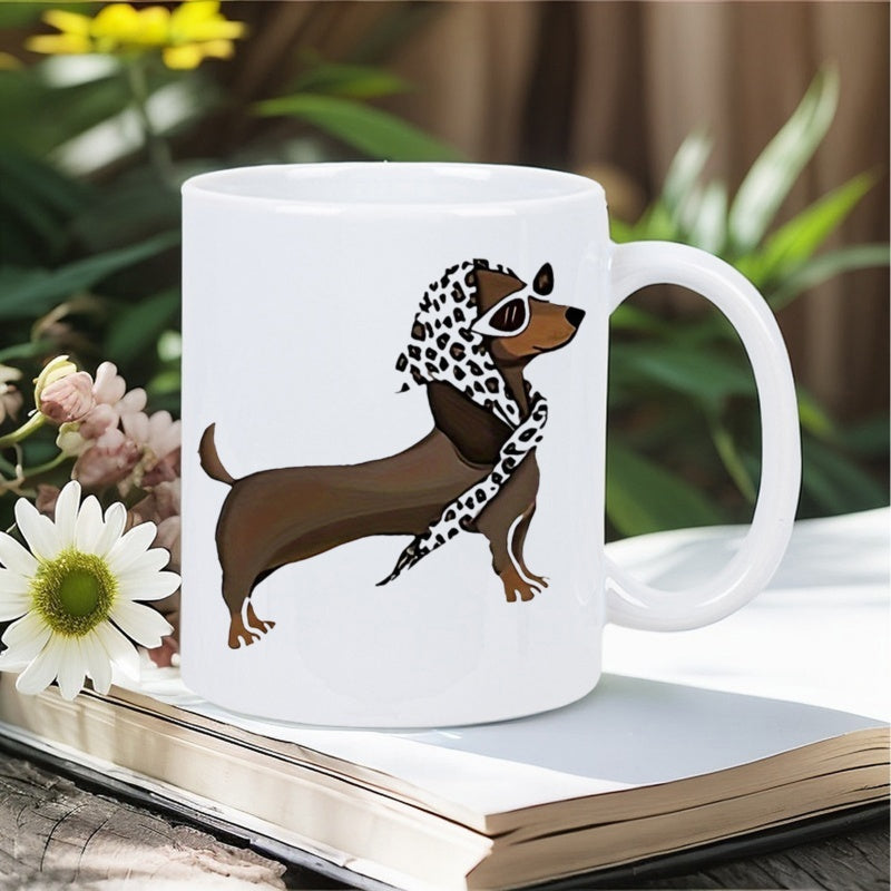 Tailorly White Ceramic 11 oz Mug - Stylish Brown Dog Wearing Leopard Print Scarf And White Sunglasses Dachshund