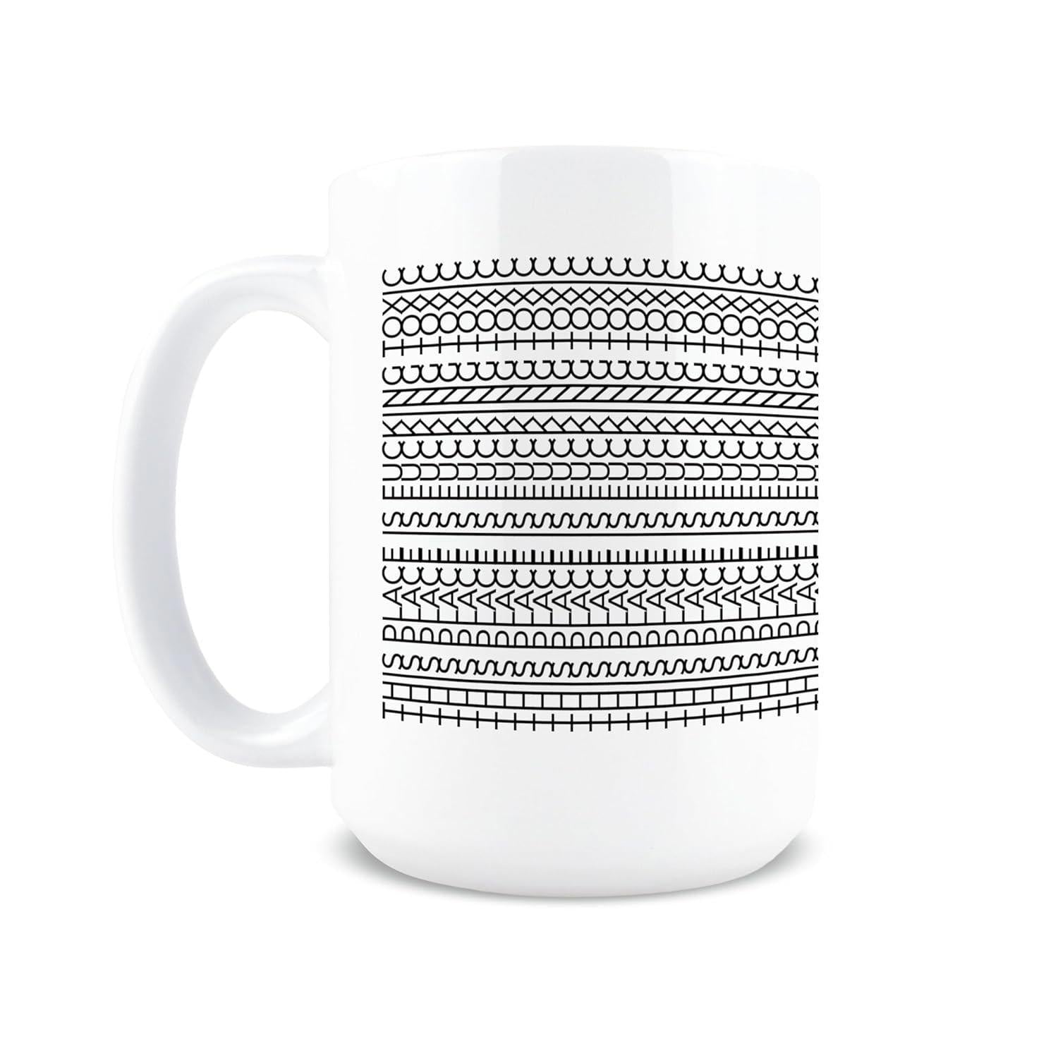 Tailorly White Ceramic 11 oz Mug - Minimalist Black And White Geometric Rows Of Elegant Hand Drawn Pattern