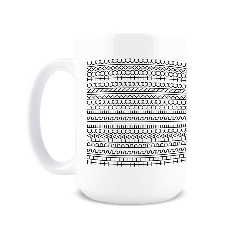 Tailorly White Ceramic 11 oz Mug - Minimalist Black And White Geometric Rows Of Elegant Hand Drawn Pattern