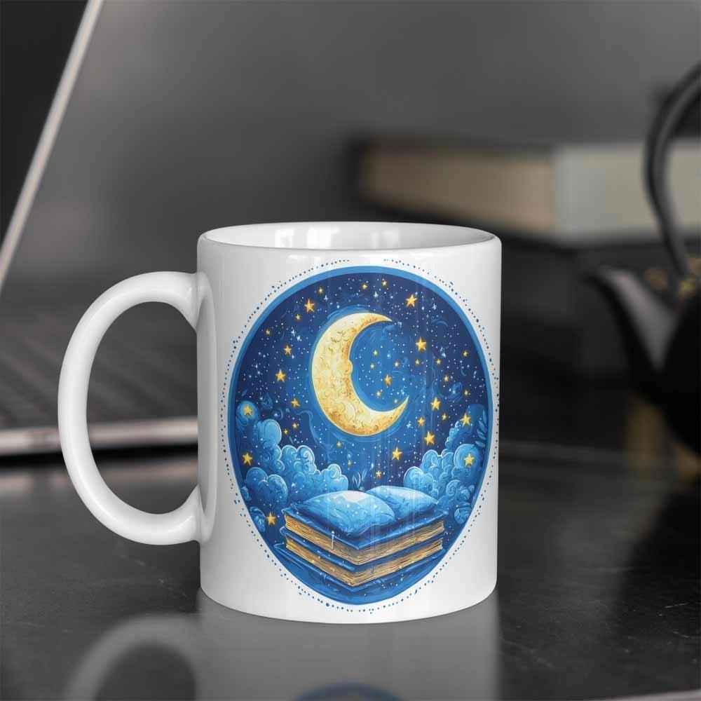 Tailorly White Ceramic 11 oz Mug - Whimsical Dreamy Night Sky Above An Open Storybook Under Crescent Moon