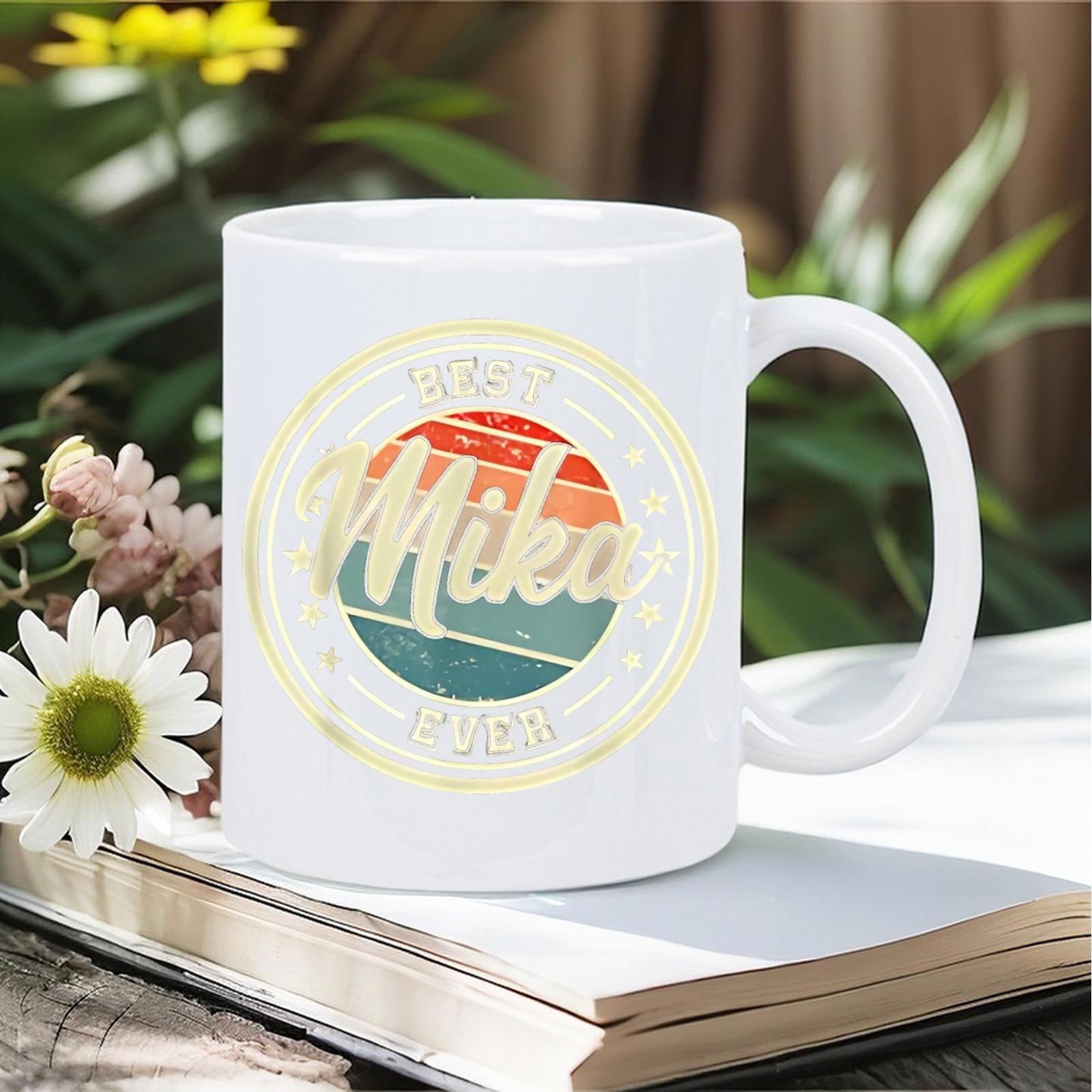 Tailorly White Ceramic 11 oz Mug - Mika Distressed Retro Sunset Stripes With Warm Tones And Vintage Circle