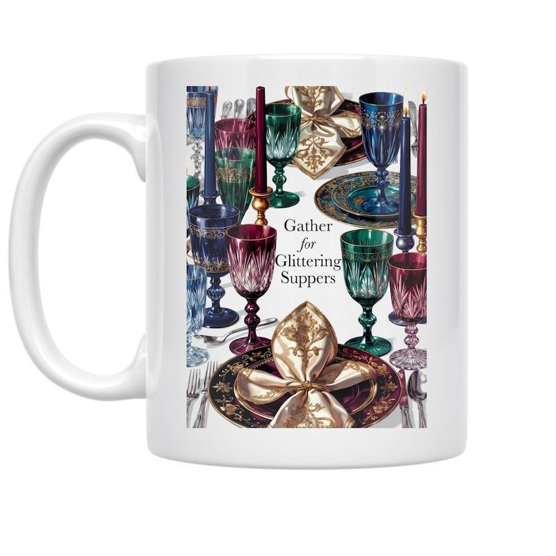 Tailorly White Ceramic 11 oz Mug - Gather For Glittering Suppers Elegant Dining Table Featuring Colorful Glass Goblets And Golden Folded Napkins Dinnerware